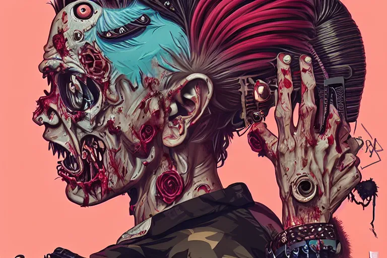 Prompt: zombie punk guitarist with a mohawk, tristan eaton, victo ngai, artgerm, rhads, ross draws, intricated details, 3 / 4 view, full body portrait