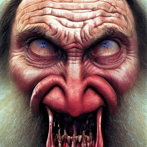 Image similar to vladimir putin, putin is bald caveman, awe face, toothless, saw teeth, reptile eyes, peeling skin, horror macabre face, clown nose, by donato giancola and greg rutkowski and wayne barlow and zdzisław beksinski, realistic face, digital art