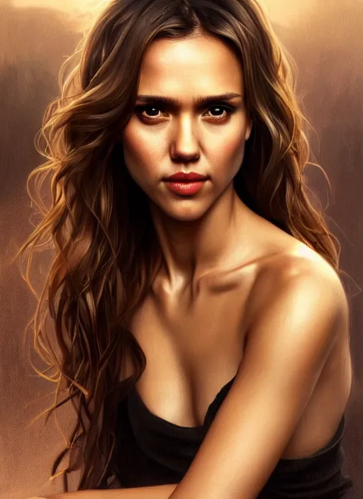 Image similar to half Jessica Alba half Nathalie Portman half scarlett johansonna pure seductive angel, full body portrait, slight smile, diffuse natural sun lights, autumn lights, highly detailed, digital painting, artstation, concept art, sharp focus, illustration, art by wlop and greg rutkowski and alphonse mucha and artgerm
