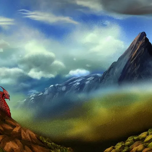 Prompt: digital painting of mountain landscape with a dragon shape in the sky by philip sue art