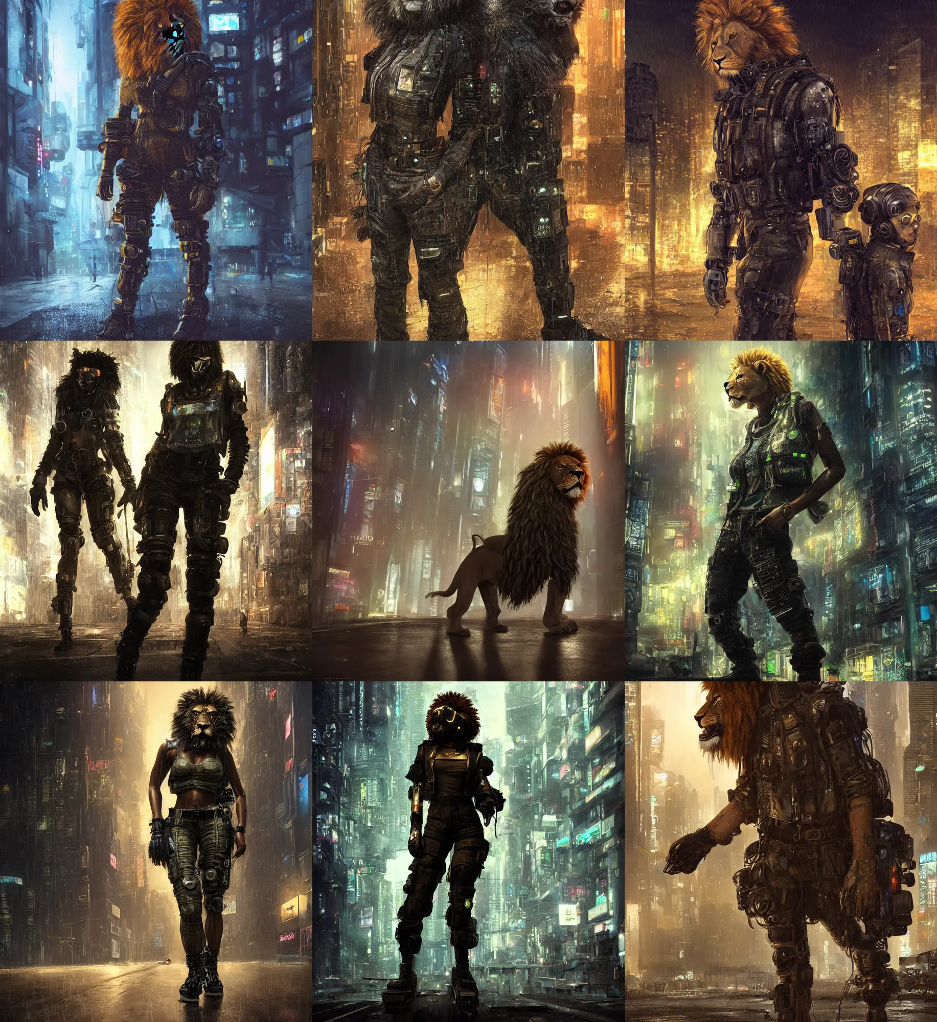 Prompt: female furry anthro lion, bullet proof vest, cargo pants. cyberpunk city, night, rain. hyper detailed, dynamic background, digital art, trending in artstation, cinematic lighting, studio quality, smooth render, unreal engine 5 rendered, octane rendered, art style by klimt and nixeu and ian sprigger and wlop and krenz cushart