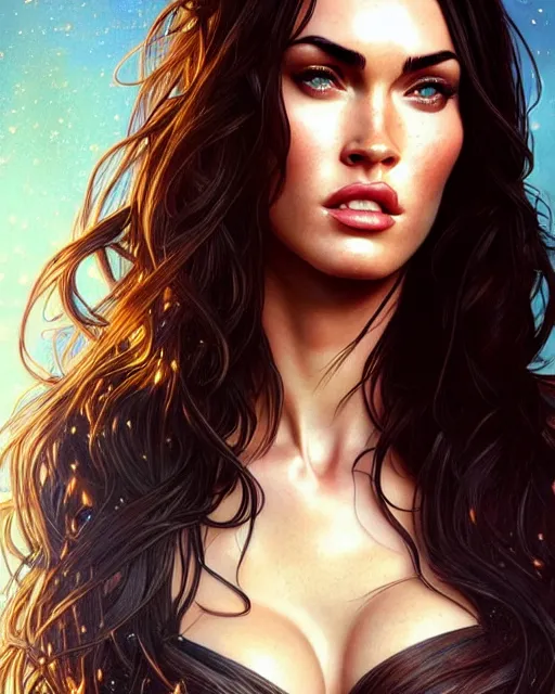 Image similar to portrait of megan fox with hot face expression, intricate, headshot, highly detailed, digital painting, artstation, concept art, sharp focus, cinematic lighting, illustration, art by artgerm and greg rutkowski, alphonse mucha, cgsociety