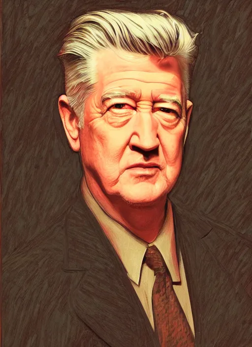 Image similar to portrait of David Lynch, highly detailed, centered, solid color background, digital painting, artstation, concept art, smooth, sharp focus, vintage grainy 1970s illustration, Basil Gogos, donato giancola, Joseph Christian Leyendecker, Les Edwards, Ed Repka, Wayne Barlowe,