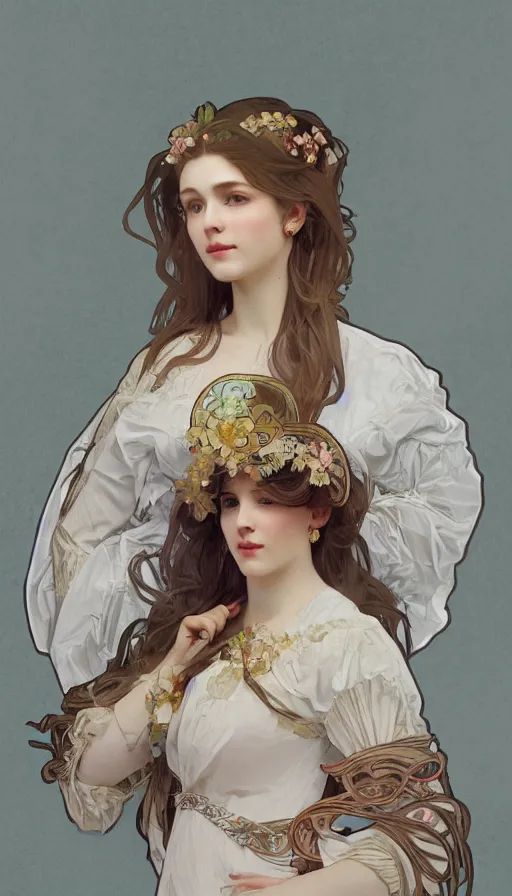 Image similar to elegant, cute girl portrait with open chest white ancient clothes by Alphonse Mucha, and Octane Render