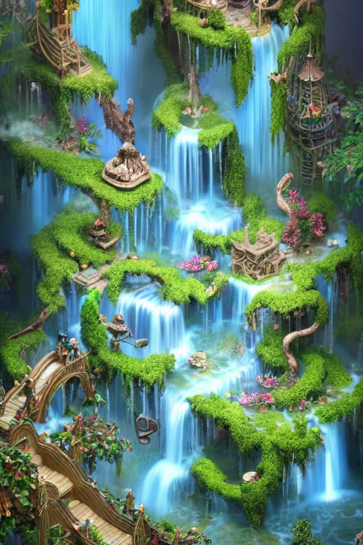 Prompt: isometric view of a fantastical garden with waterfalls and giant trees, by Andrei Riabovitchev, Shaun Tan, Peter Mohrbacher and Takayuki Takeya, ancient ornate intricate, cinematic, realistic, intricate detail, finely detailed, small details, extra detail, photorealistic, high resolution, 3D, PBR, blue light, path tracing, volumetric lighting, octane render, arnold render, 8k