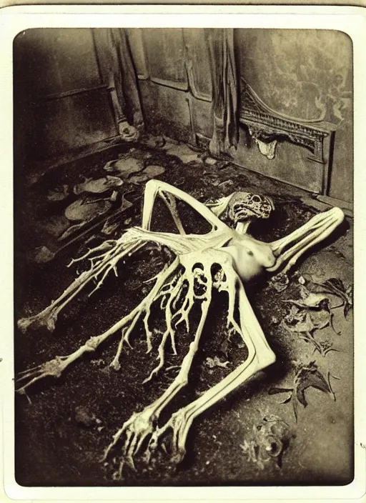 Prompt: an 1 9 1 0 polaroid photography of a very sad and detailed rotten woman corpse with fractal coral reefs and ornate growing all around, muscles, veins, arteries, bones, anatomical, skull, eye, ears, organs, flesh, full body, intricate, surreal, ray caesar, john constable, guy denning, dan hillier, black and white