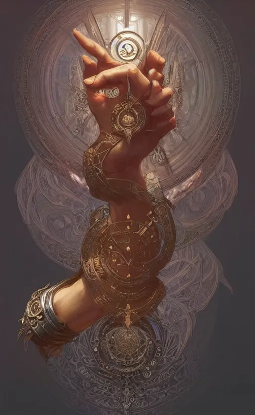 Image similar to esoteric hand gestures!!!, d & d, fantasy, intricate, elegant, highly detailed, digital painting, artstation, concept art, smooth, sharp focus, illustration, art by artgerm and greg rutkowski and alphonse mucha