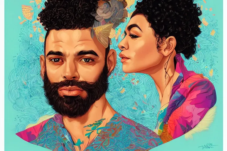 Image similar to hispanic girl medium length curly hair, and a bearded mixed race man with short curly hair, tristan eaton, victo ngai, artgerm, rhads, ross draws