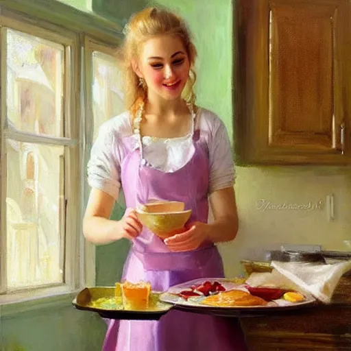 Prompt: blonde teen blushing, romantic, making breakfast, morning light, traditional, masterpiece, highly detailed, soft, elegant, painting by Vladimir Volegov