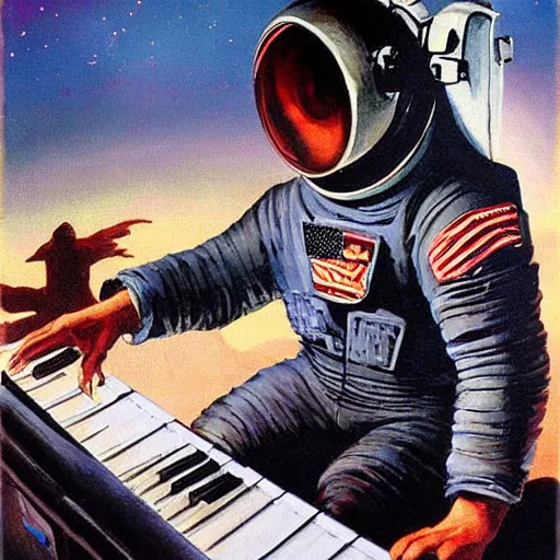 Prompt: astronaut playing keyboard by frank frazetta, digital painting, digital art