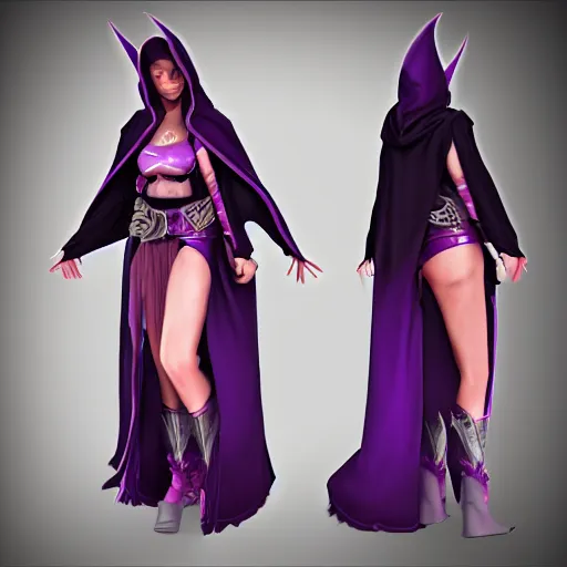 Image similar to female warlock long hood cloak purple, fighting dark evil monster from hell in magic world, 8 k, trending on artstation by tooth wu ”