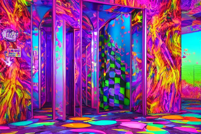 Prompt: lisa frank elevator in hell, hyperdetailed octane render scene from a tv show 55mm