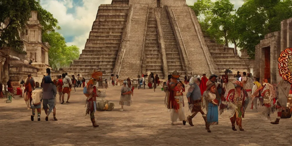 Prompt: mexico in the 1 7 0 0 s filled with ancient palenque mayan architecture, mayan woman walking the streets, indians in traditional wear haggling with the street vendors, surreal, beautiful, hyper realistic, trending on artstation, 8 k, hd