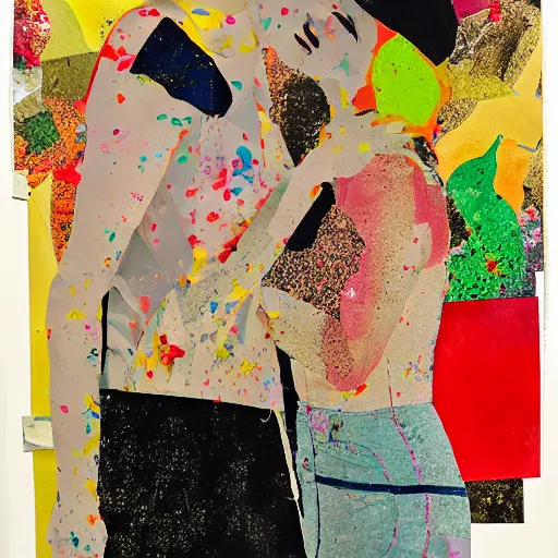 Image similar to two women kissing at a carnival in tokyo, mixed media collage, retro, paper collage, magazine collage, acrylic paint splatters, bauhaus, claymation, layered paper art, sapphic visual poetry expressing the utmost of desires by jackson pollock