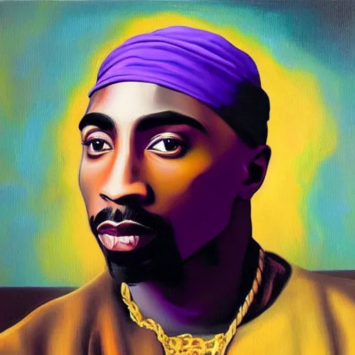 Prompt: oil painting portrait of tupac shakur in a purple suit, high quality art, oil on canvas, johannes vermeer