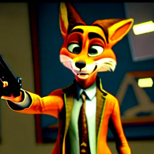 Image similar to nick wilde as max payne in max payne 3 set in gritty neo - noir zootopia, favela level