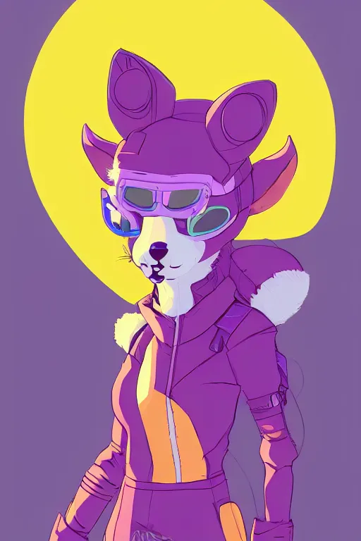 Prompt: a cute cyberpunk anthropomorphic fox with purple fur and yellow eyes and a fluffy tail, comic art, trending on furaffinity, cartoon, kawaii, backlighting, furry art!!!, cel shading, concept art, lineless