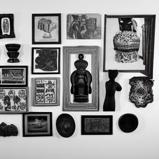 Image similar to a black and white screen print photography of a arrangement of colonial objects, 6 0 s ( ( ( ( ( anthropology ) ) ) ) ) colonial, meta exotic artifacts