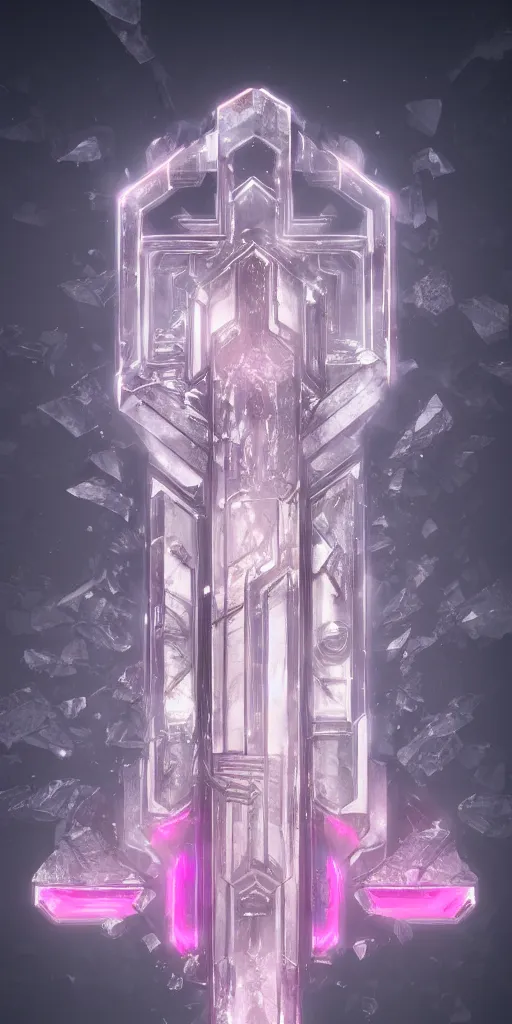Prompt: an ancient white crystal and glowing pink gemstone relic, intricate cybertron engravings , concept art style, octane render, very detailed