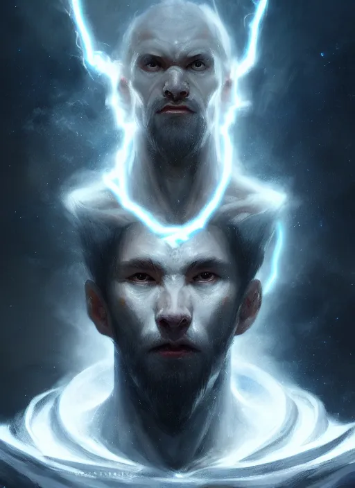 Image similar to Half-body portrait of a pale wise man who created the universe, wolf god. In style of Hyung-tae Kim and Greg Rutkowski, concept art, trending on ArtStation, over-detailed art, 8K, epic, dynamic lightning, dramatic pose.