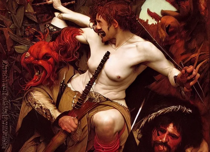 Image similar to bard - a devil with red skin and horns playing lute. edgar maxence and caravaggio and michael whelan and delacroix style, artistic, intricate painting, cinematic lighting, hyper realistic, extremely detailed, vivid colors, establishing shot, dramatic lighting