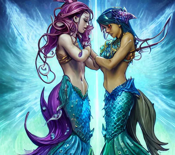 Prompt: two mermaids share a victorious fistbump, crepuscular rays behind fistbump, whimsical, dungeons and dragons, league of legends splash art, heroes of the storm splash art, hearthstone splash art, world of warcraft splash art, overwatch splash art, art by artgerm, art by alphonse mucha, intricately detailed, highly detailed, trending on artstation,