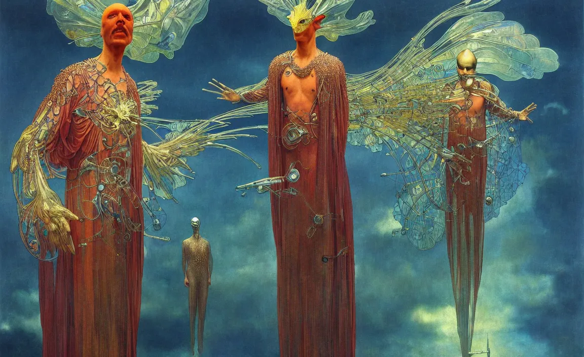 Image similar to realistic detailed portrait movie shot of a birdman wearing reflective transparent robes, sci fi city landscape background by denis villeneuve, amano, yves tanguy, alphonse mucha, ernst haeckel, max ernst, roger dean, masterpiece, rich moody colours, blue eyes