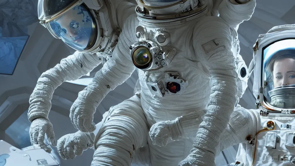 Image similar to a single astronaut eva suit made with diamond 3d fractal lace iridescent bubble 3d skin and covered with insectoid compound eye camera lenses floats through the living room, film still from the movie directed by Denis Villeneuve with art direction by Salvador Dalí, wide lens,