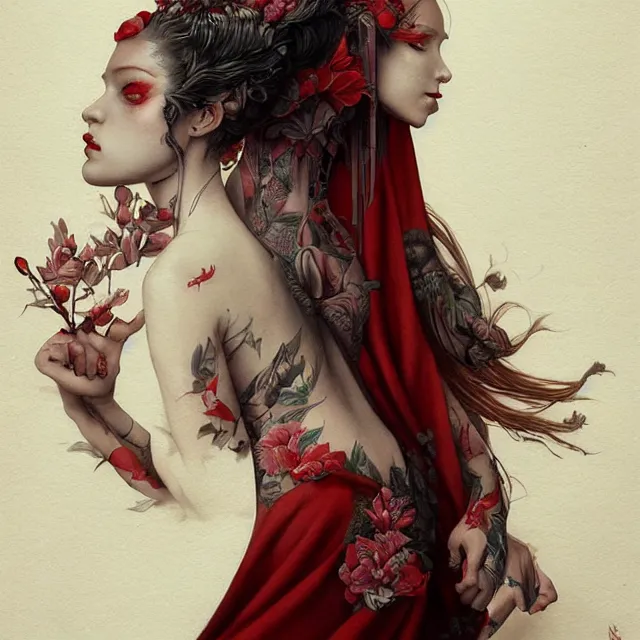 Prompt: ultra realistic illustration, beautiful ethereal woman dressed in red kimono, backview, tattoos, in the style of peter mohrbacher by weta digital and beth cavener, high face symmetry, intricate, masterpiece, award winning, high face symmetry, intricate