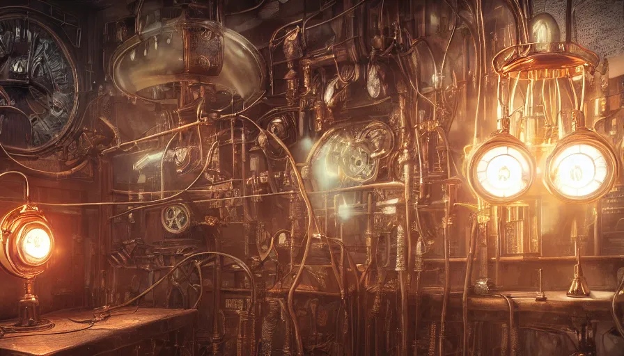 Prompt: A glowing electrical Steampunk glasses in a victorian museum, james gurney, cinematic lighting, lots of steam and sparks, wires made of copper, artstation, vibrant nature, Tuomas Korpi, tekkon kinreet, volumetric light, artstation, , octane render, redshift render, low angle camera, rich deep moody colors