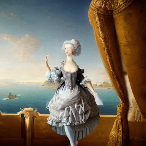 Prompt: Marie Antoinette levitating over the sea. high detail, great lighting, 8k resolution, masterpiece, concept art, illustration