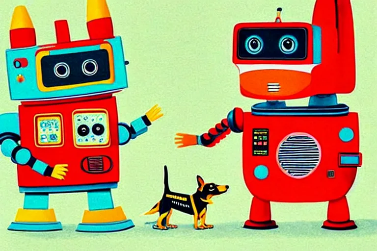 Prompt: a ( ( ( ( ( ( ( ( detailed illustration of a robot and a dog ) ) ) ) ) ) ) ) by richard scarry!!!!!!!!!!!!!! detailed