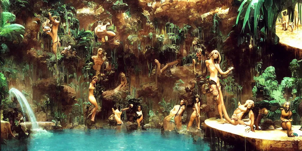 Prompt: a tropical cave that renovate as a luxury interior as a harem of beautiful women bathe in the waters and surround our protagonist by syd mead, frank frazetta, ken kelly, simon bisley, richard corben, william - adolphe bouguereau, detailed concept art