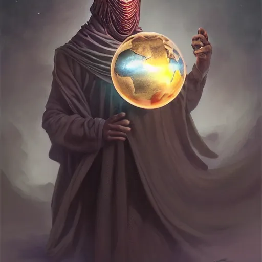 Image similar to male nomad wearing a cloak on an alien world and holding a holographic planet projection in his hand, covered face, detailed, sci - fi, digital painting, artstation, sharp focus, illustration, artgerm, tomasz alen kopera, peter mohrbacher, donato giancola, joseph christian leyendecker, wlop, frank frazetta