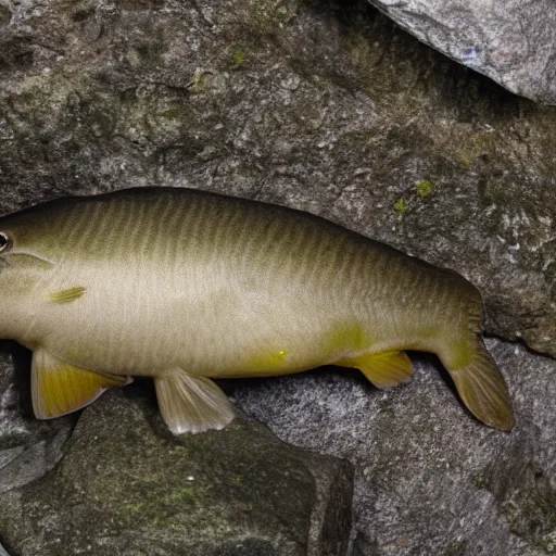 Prompt: an barely visible tench hidden behind by a stone, occluded