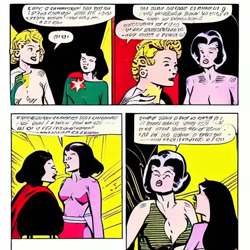 Prompt: a comic strip with a woman talking to three other women, a comic book panel by Joe Shuster, cg society, superflat, dc comics, marvel comics, wiccan