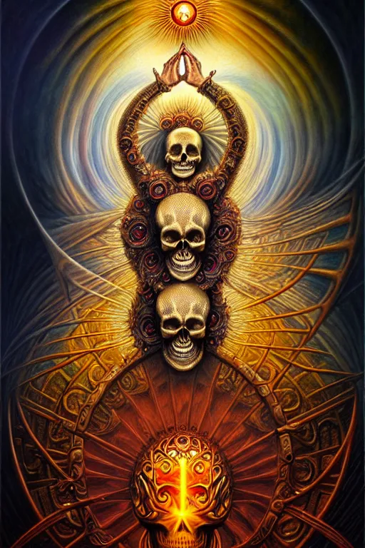 Image similar to A beautiful detailed orixa sun godness, tarot card, by tomasz alen kopera and Justin Gerard, symmetrical features, ominous, magical realism, texture, intricate, ornate, royally decorated, skull, skeleton, whirling smoke, embers, red adornements, red torn fabric, radiant colors, fantasy, trending on artstation, volumetric lighting, micro details, 3d sculpture, ray tracing, 8k, anaglyph effect