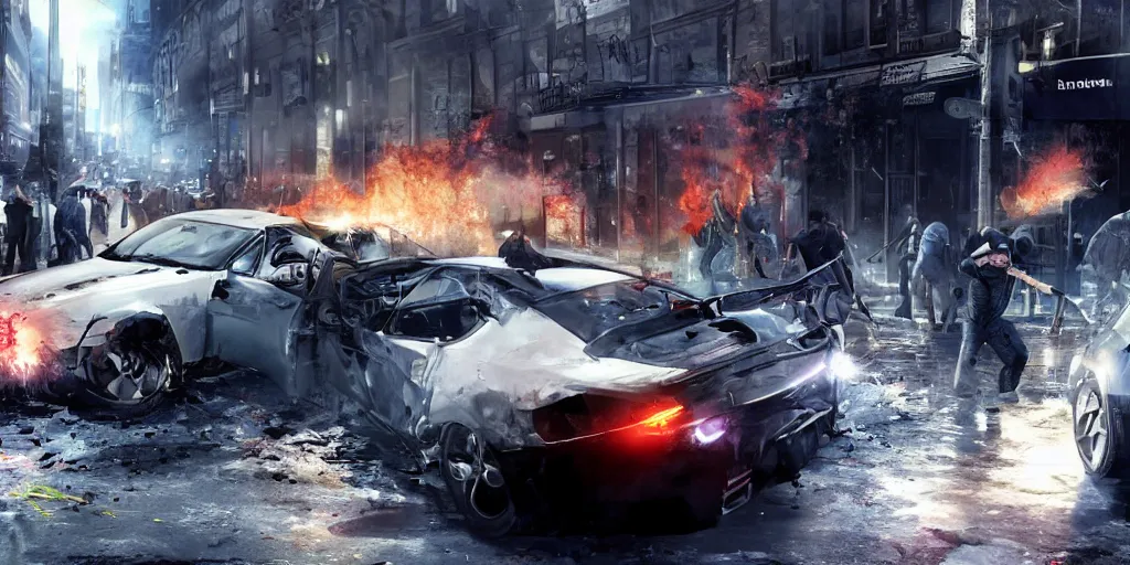 Image similar to Watch dogs game concept art 2012 car exploding in midle of the street with Aiden Pearse