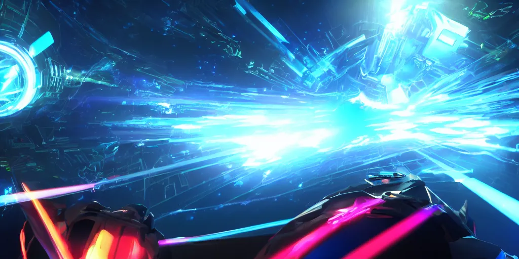 Image similar to screenshot of the videogame tempest, vector, axure sky, neon glow, lens flare, 8 k