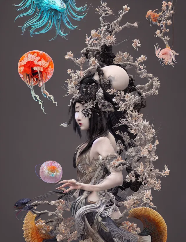 Image similar to 3 d goddess bottom - up with ram skull. beautiful intricately detailed japanese crow kitsune mask and clasical japanese kimono. betta fish, jellyfish phoenix, bio luminescent, plasma, ice, water, wind, creature, artwork by tooth wu and wlop and beeple and greg rutkowski