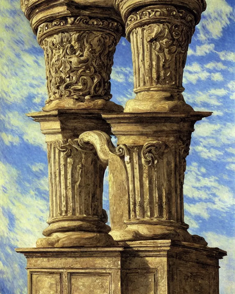 Image similar to achingly beautiful painting of intricate ancient roman corinthian capital on brilliant sapphire background by rene magritte, monet, and turner. giovanni battista piranesi.