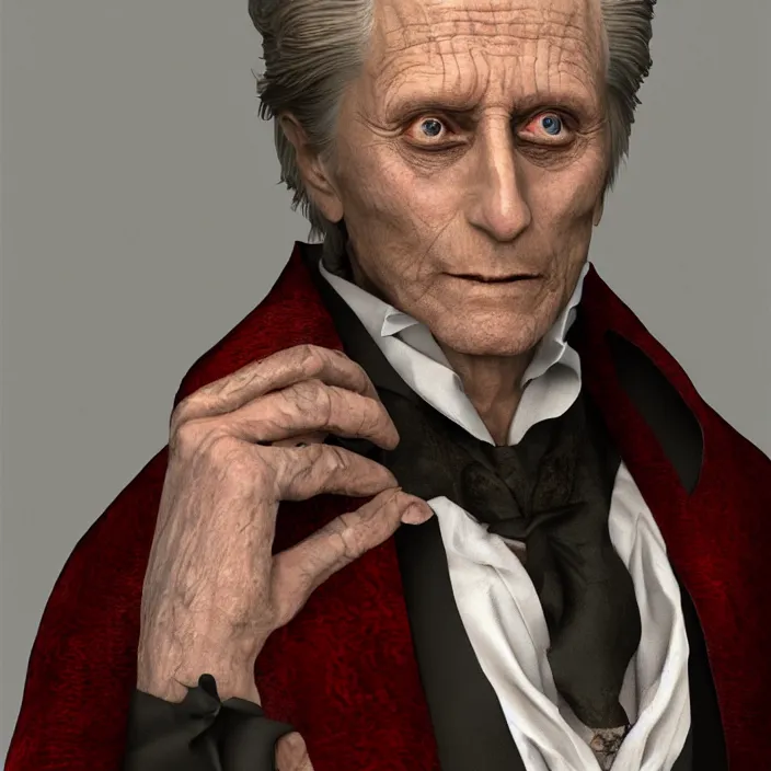 Prompt: professional photographic portrait of michael douglas as dracula gothic england, fine art piece, incredible detail, vray rendering, high octane,