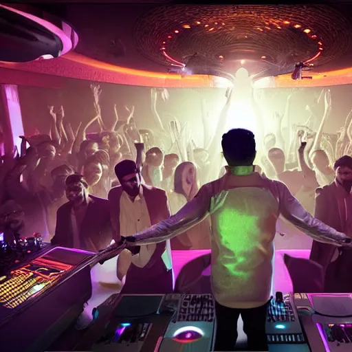 Image similar to an indian businessman dj in nightclub, people dancing in background, anatomy, bathed in light, highly detailed, photorealistic, artstation, smooth, sharp focus, illustration, unreal engine 5, 8 k, art by artgerm and greg rutkowski and edgar maxence