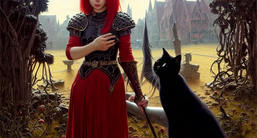 Image similar to mage holding a black cat, red hair straight bangs wearing ivory carved bone armor, medieval town, movie action still frame, ultra wide horizon, intricate, elegant, highly detailed, hyperrealism, digital painting, concept art, smooth, sharp, focus, illustration, art by artgerm, greg rutkowski, ilya kuvshinov, alphonse mucha