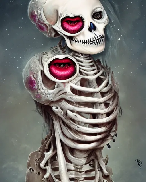 Prompt: a surrealistic head and shoulder painting of a gorgeous female skeleton with cat eyeballs and lipstick and hoodie, in the style of lise deharme, digital art, detailed masterpiece