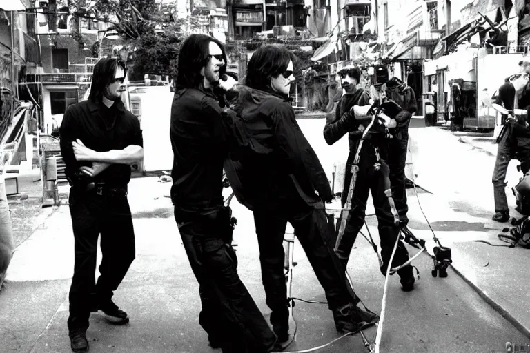 Image similar to Cinematography a behind the scenes shot from matrix movie. Hollywood. Camera crew. Keanu reeves. Watchowsky brothers. Cinema. by Emmanuel Lubezky
