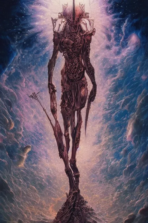 Image similar to now is the time to relaunch the dream weapon, by artgerm and yoshitaka amano and moebius and hr giger and zdislaw beksinski, hyperdetailed, surreal, dc comics, ornate, stunning, nebula, explosions in the sky, trending on artstation