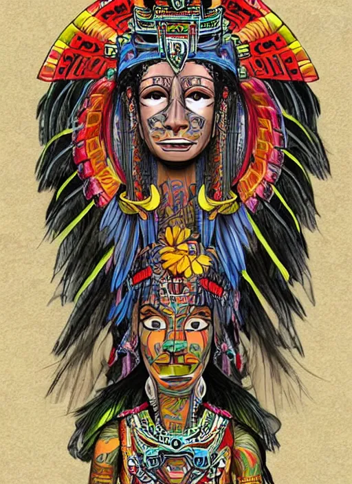 Prompt: character design, full body view, head to feet view, beautiful aztec warrior, muse goddess, crown of very long quetzal feathers, glowing aztec tattoos, pretty, dark fantasy