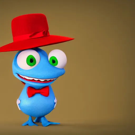 Prompt: an anthropomorphic tadpole wearing shorts a bow tie and a hat with a red band, digital render made by Pixar