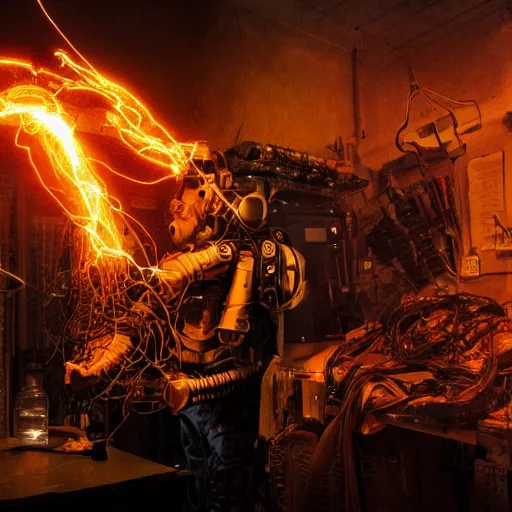 Image similar to cyborg with gatlinger gun hands, tangles of metallic cables, dark messy smoke - filled cluttered workshop, dark, dramatic lighting, orange tint, sparks, plasma charges, cinematic, highly detailed, sci - fi, futuristic, movie still